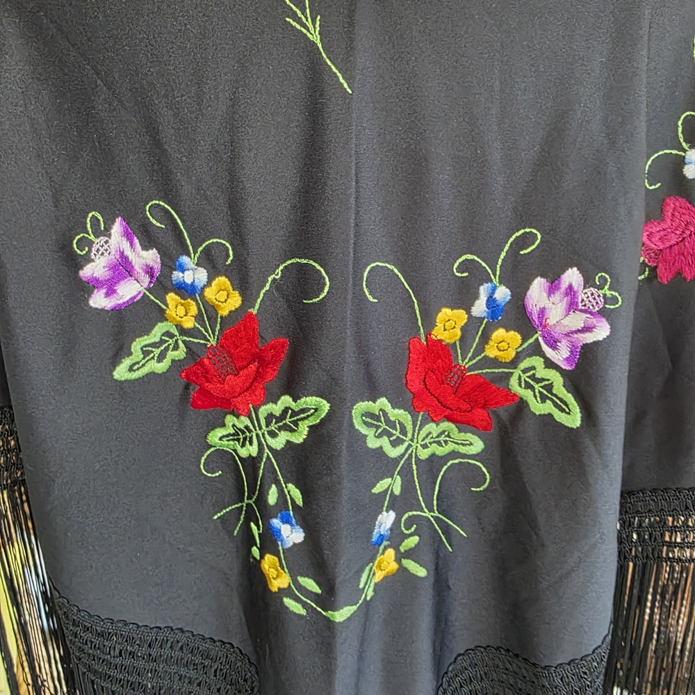Vintage Boho Chic Fringe Black Floral Embroidered Wrap Triangle Scarf - Picture 10 of 13